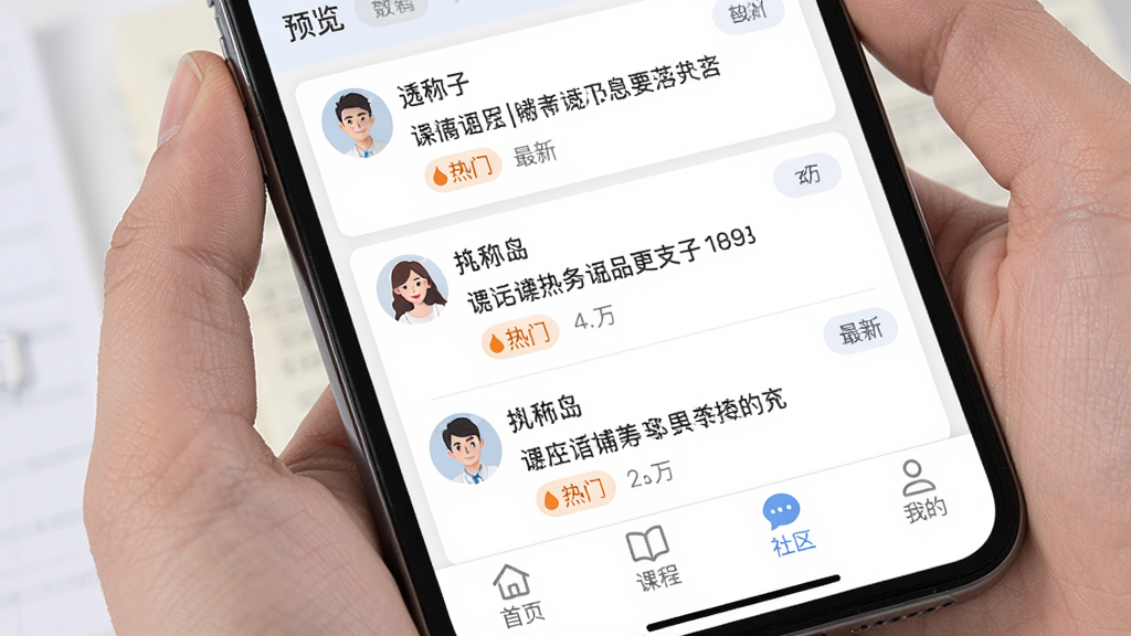 考研岛社区讨论界面预览,手机端显示帖子列表,每条帖子包含用户头像、昵称、标题与回复数,有“热门”、“最新”标签,底部导航栏有“首页”、“课程”、“社区”、“我的”图标,整体色调柔和,布局规范,画质清晰,干净无多余元素