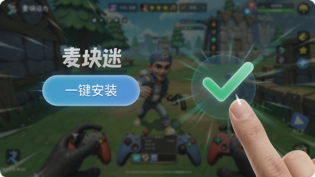 一张动态效果概念图,展示手指点击“麦块迷”应用中的“一键安装”按钮,随后出现对勾动画,背景为模糊的游戏画面,整体色调明亮,强调便捷性与速度感,画质清晰,无多余元素