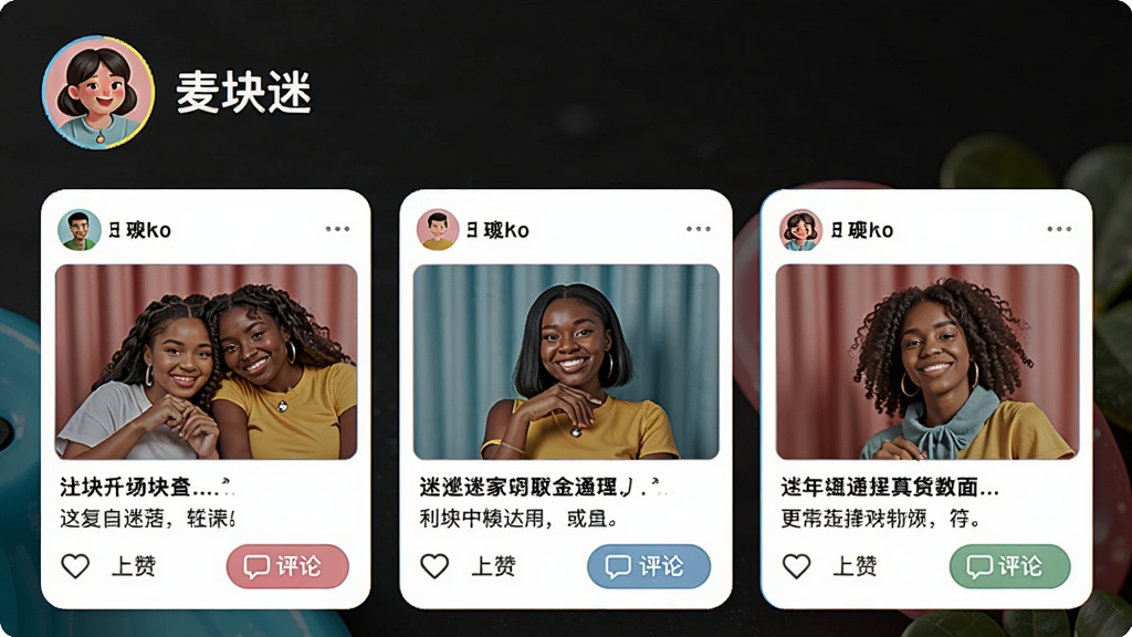 一张社交互动界面预览图,展示“麦块迷”社区板块,顶部有用户头像和昵称,下方是帖子卡片,包含图片、文字和点赞评论按钮,整体风格活泼,色彩明亮,画质清晰,无多余元素