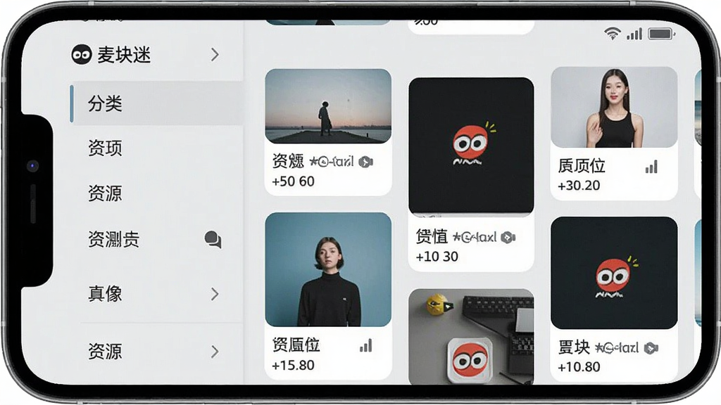 一张手机屏幕截图,显示“麦块迷”的资源分类页面,左侧为分类列表,右侧为资源卡片瀑布流,每张卡片展示缩略图和下载量,背景为浅灰色,风格简约现代,画质干净无多余元素