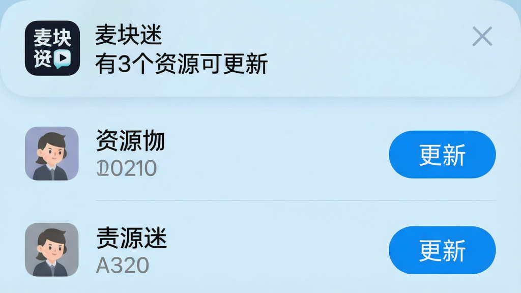 一张手机通知栏截图样式图片,顶部显示“麦块迷”图标和文字“有3个资源可更新”,下方列出资源名称和更新按钮,背景为浅蓝色,风格清爽,画质干净,无多余元素