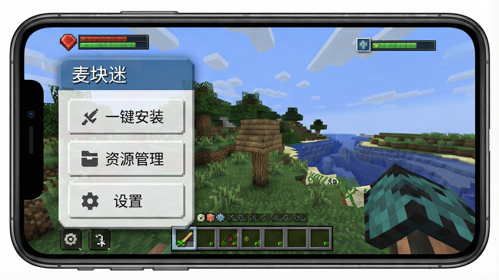 一张手机横屏游戏画面截图,左侧显示“麦块迷”的悬浮窗工具栏,包含“一键安装”“资源管理”“设置”按钮,右侧是《我的世界》游戏场景,画质清晰,风格自然,无多余元素