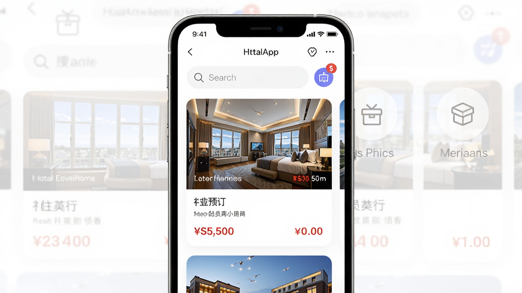 prompt=礼住App界面预览,主体为手机屏幕展示酒店预订主页面,布局清晰展示豪华酒店图片与价格信息,排版采用卡片式设计,风格现代简约,细节包括搜索栏与会员权益图标,画质高清干净,无多余元素。