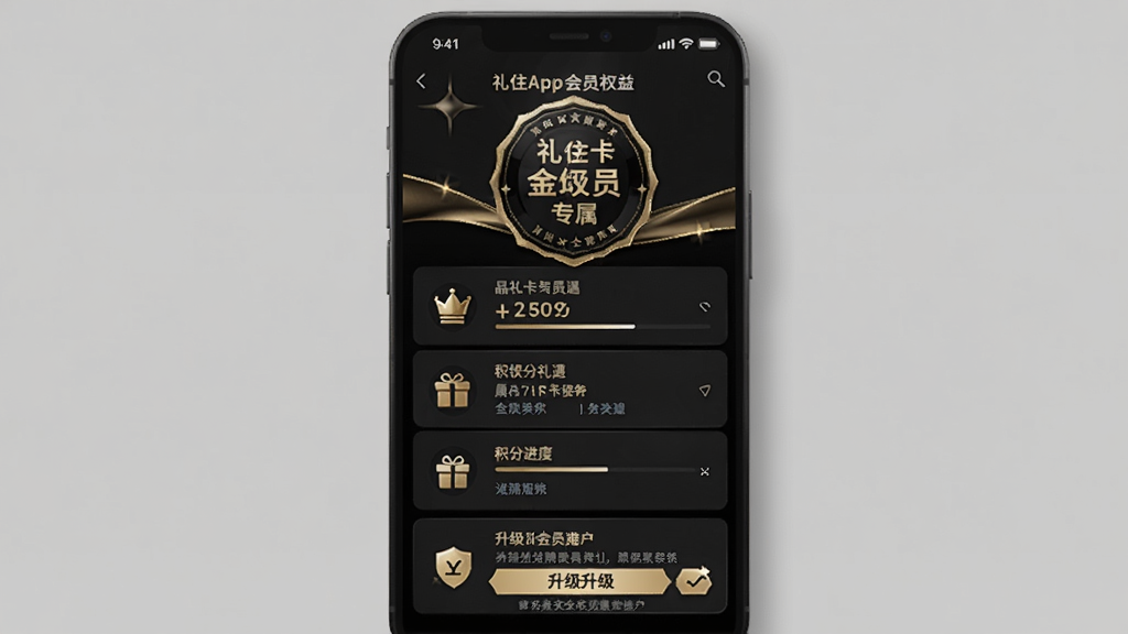 prompt=礼住App会员权益页面,主体展示黑金卡会员专属标识与礼遇列表,布局采用纵向排列图标,风格奢华大气,细节包括积分进度条与升级提示,画质精致干净,无多余元素。