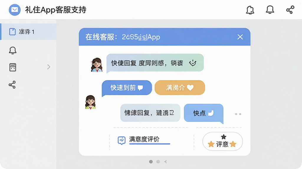 prompt=礼住App客服支持界面,主体展示在线客服对话窗口,布局简洁,风格友好,细节包括快捷回复按钮与满意度评价,画质清晰干净,无多余元素。
