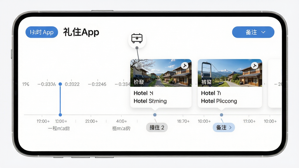 prompt=礼住App行程管理界面,主体展示行程时间线与酒店信息卡片,布局采用横向时间轴,风格清爽整洁,细节包括导航按钮与备注标签,画质清晰干净,无多余元素。