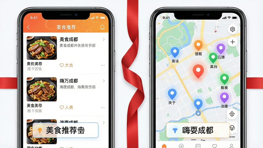 图片主体为手机APP界面截图拼接图,左侧是美食推荐列表,右侧是地图导航页面,中间用一条红色丝带连接。布局采用左右对称分栏。排版上,每张截图下方配有简短说明文字框。风格为科技感与生活气息结合,界面UI设计清晰现代。细节上,地图页面有多个彩色地标图标闪烁。画质为高清,干净无多余元素,图片中文字需包含