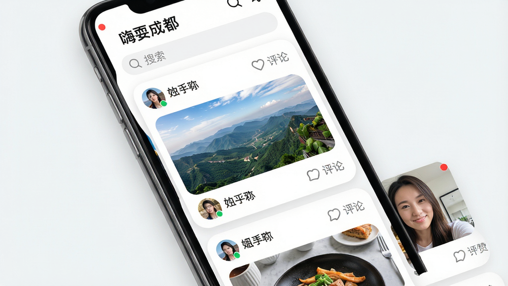 主体为手机APP内的社区信息流界面,屏幕上有多张用户发布的图片,包括美食、风景和自拍,每张图片下方有头像、昵称和点赞评论按钮。界面顶部有