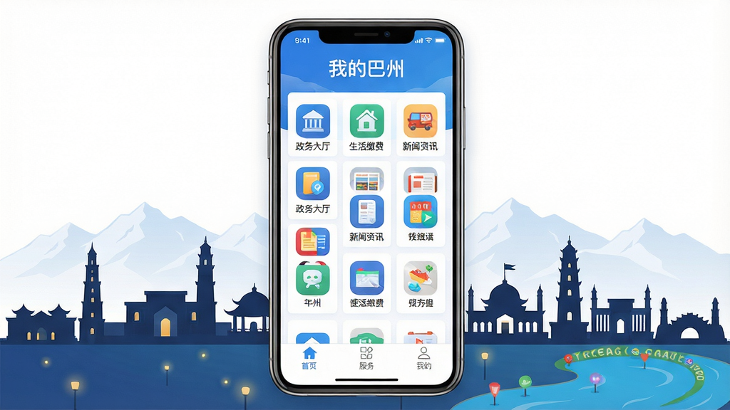 主体:“我的巴州”APP界面展示,手机屏幕内显示城市服务功能列表,包括政务大厅、生活缴费、新闻资讯等图标。布局:手机居中,背景为巴州城市地标建筑剪影(如库尔勒夜景),上下留白。排版:手机界面清晰,图标排列整齐,底部有“首页”“服务”“我的”三个标签栏。风格:现代扁平化设计,色彩清新明亮,以蓝色和白色为主色调。细节:屏幕内容文字“我的巴州”,背景有淡淡的天山山脉和孔雀河元素。画质:高清渲染,干净,无多余元素。
