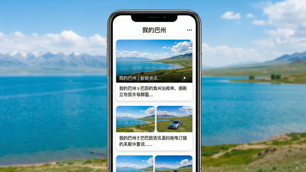 主体:手机屏幕上展示“我的巴州”新闻资讯列表,包含图片和标题。布局:手机竖立,背景为巴州自然风光(博斯腾湖)。排版:新闻列表以卡片式排列,第一条新闻带有大图。风格:清新自然,色彩明快,突出新闻图片。细节:屏幕顶部显示“我的巴州”字样,新闻标题文字清晰。画质:高清,干净,无多余元素。