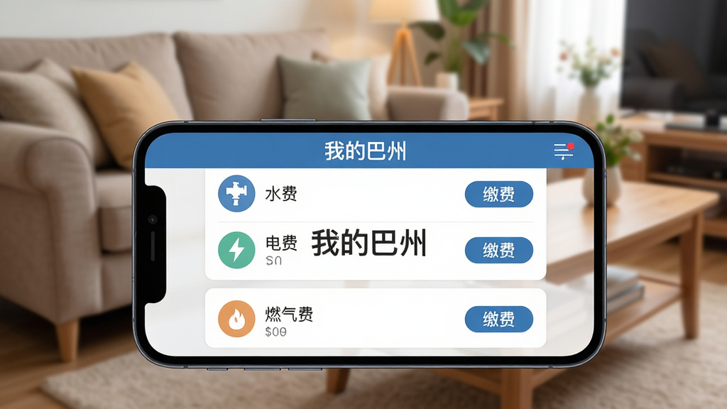 主体:手机屏幕显示“我的巴州”生活缴费界面,包含水费、电费、燃气费图标。布局:手机平放,背景为家庭客厅场景,有沙发和茶几。排版:缴费项目以列表形式排列,每个项目右侧有“缴费”按钮。风格:温馨居家风格,色彩柔和。细节:屏幕中央有“我的巴州”文字,背景虚化。画质:高清,干净,无多余元素。