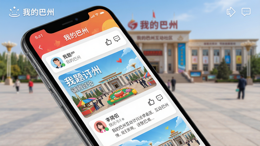 主体:手机屏幕展示“我的巴州”互动社区界面,有话题讨论和点赞评论图标。布局:手机倾斜,背景为巴州人民广场。排版:社区帖子以瀑布流形式展示,用户头像和昵称可见。风格:社交风格,色彩活泼。细节:屏幕上方有“我的巴州”字样,背景虚化。画质:高清,干净,无多余元素。