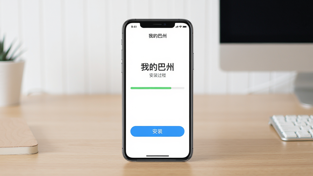 主体:手机屏幕上显示“我的巴州”应用安装过程,有进度条。布局:手机竖立,背景为简约桌面。排版:安装进度条清晰,下方有“安装”按钮。风格:简洁明了。细节:屏幕上方有“我的巴州”字样。画质:高清,干净,无多余元素。
