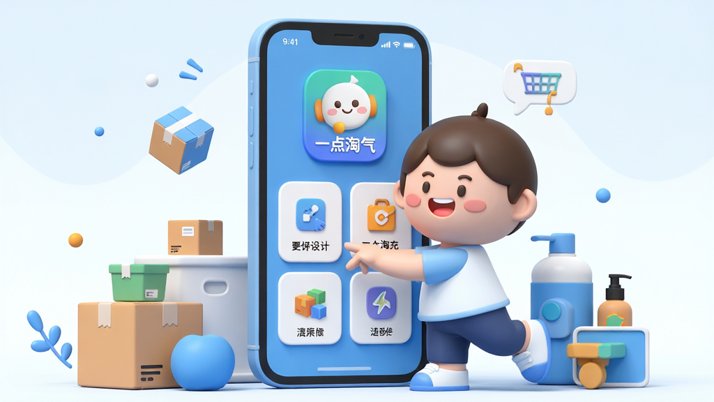 一幅现代简约风格的3D渲染插图,主体是一个可爱的卡通角色,它正在操作一个巨大的智能手机屏幕,手机界面上显示“一点淘气”的APP图标和多个功能模块。角色表情愉悦,动作活泼。整体布局以手机屏幕为中心,周围环绕着快递箱、生活用品等元素。排版采用中心构图,色彩明亮清新,以淡蓝色和白色为主色调。风格偏向扁平化与轻3D结合,细节丰富,画质清晰干净,无多余元素。