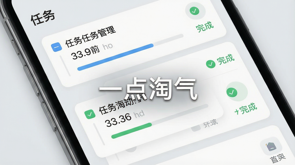 一张展示智能任务管理界面的手机截图,屏幕上有清晰的任务列表、进度条和完成状态标记,整体UI设计现代、配色和谐,以卡片式布局为主,背景为干净的浅灰色。画质高清,界面元素细节丰富,无多余元素,图片中央标注“一点淘气”应用名称。