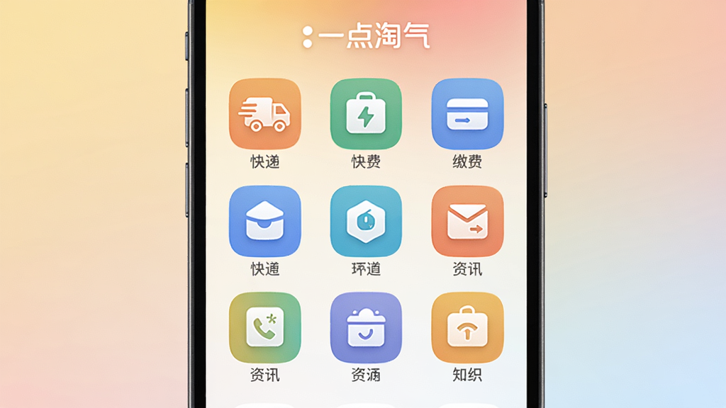 一个手机应用功能聚合界面的概念图,界面以九宫格形式展示各种生活服务图标,如快递、缴费、资讯等。设计风格简洁现代,图标色彩丰富但不刺眼,背景为柔和的渐变色,整体排版整齐有序,画质清晰,突出“一点淘气”的品牌标识。