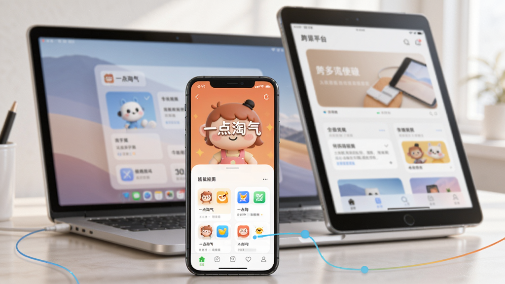 一个多设备使用场景的插图,前景是一部智能手机,屏幕显示“一点淘气”应用界面,背景是一台笔记本电脑和一个平板电脑。整体风格现代写实,光线柔和,排版注重层次感,突出跨平台使用的便捷性。画质清晰,细节丰富,干净无多余元素。