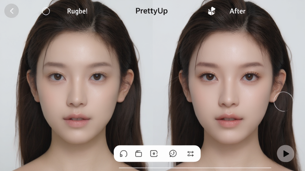 展示PrettyUp视频p图人像美颜功能的界面截图,左侧为原始人像,右侧为美颜后的效果,皮肤细腻,五官立体,界面简洁,功能按钮清晰,整体风格清新,画质干净,无多余元素。