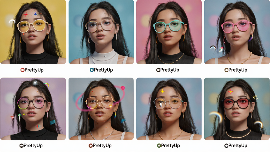 一张PrettyUp视频p图动态特效库的展示图,画面中展示多款滤镜特效的缩略图,排列整齐,色彩鲜艳,每款特效都有名称标注,整体风格时尚,画质高清,干净无多余元素。