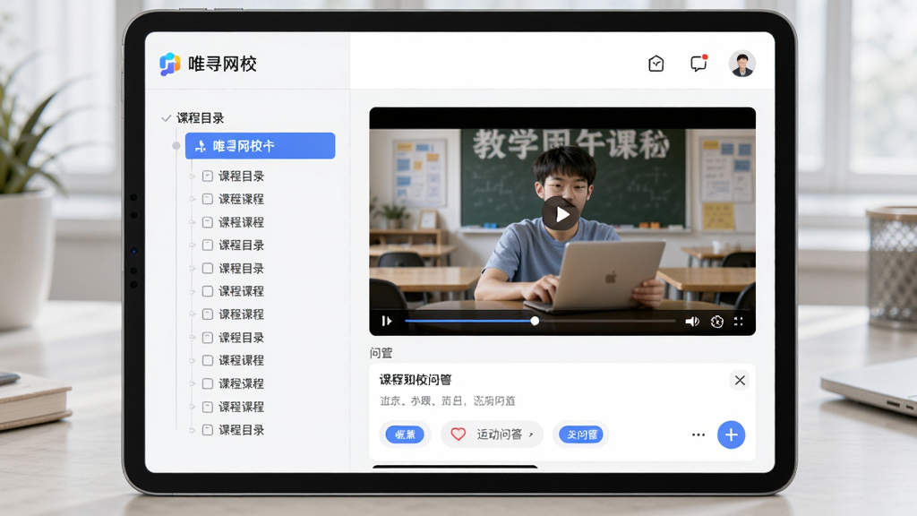 唯寻网校app界面预览图,主体为平板电脑展示课程列表页面,布局采用左右分栏设计,左侧是课程目录树,右侧是教学视频播放窗口,排版简洁清晰,风格现代教育科技感,细节包含播放进度条与互动问答区,画质高清干净,无多余元素