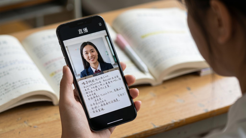 唯寻网校使用场景示意图,主体为一名学生正在使用手机观看直播课程,布局采用手机特写与课桌书本背景融合,排版自然生活化,风格写实摄影,细节包含屏幕中的老师头像与手写笔记,画质高清干净,无多余元素