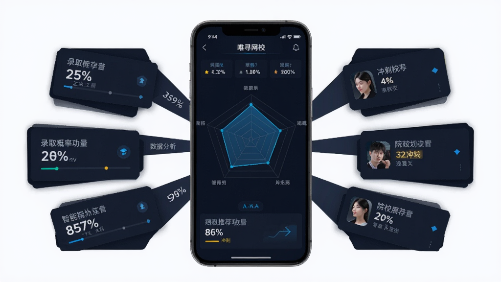 唯寻网校智能规划功能展示图,主体为手机屏幕显示雷达图与院校推荐列表,布局采用中心发散式数据可视化图表,排版专业严谨,风格大数据分析界面,细节包含录取概率百分比与冲刺院校标签,画质清晰干净,无多余元素