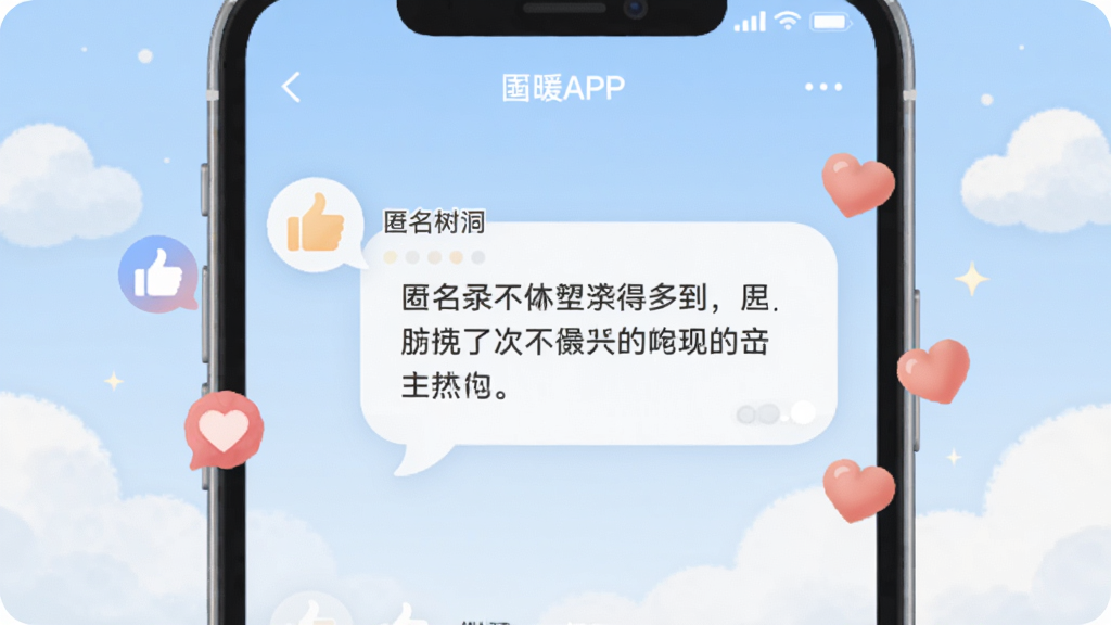 画面主体为伴暖APP的匿名树洞界面,屏幕中显示一条匿名发布的文字气泡,周围有多个点赞和爱心图标。布局为手机屏幕居中,背景是柔和的浅蓝色,有云朵图案。排版简洁,突出文字内容。风格为清新治愈系插画,细节上体现温暖的氛围,画质纯净,无多余元素。