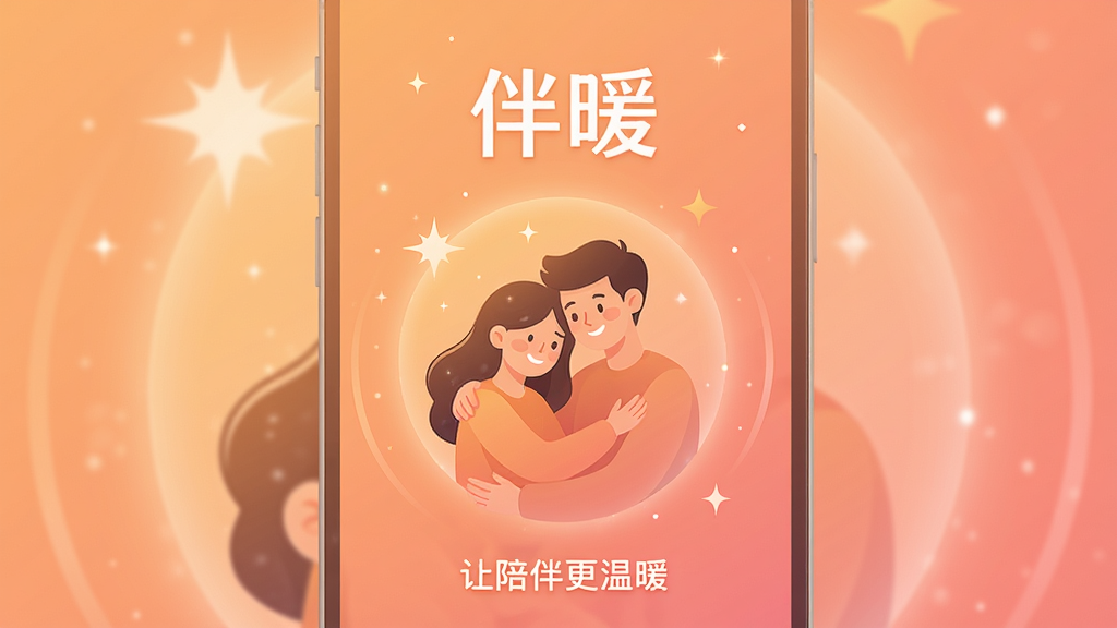 画面主体为伴暖APP的启动界面,中央是一个由橙色和粉色调构成的温暖光晕,光晕中隐约浮现两个人形轮廓相互依偎。整体布局简洁,上方有“伴暖”二字,下方为“让陪伴更温暖”的标语。排版采用居中对称式,背景使用柔和的渐变暖色,搭配细微的星光粒子。风格为扁平化插画风,细节上突出人物的微笑表情,画质高清干净,无多余元素。