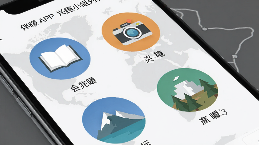画面主体为伴暖APP的兴趣小组列表界面,屏幕中显示几个不同主题的圆形图标,如书本、相机、山峦。布局为手机居中,背景是带有地图轮廓的浅灰色。排版整齐,图标下方有小组名称。风格为简约商务风,细节上突出图标的辨识度,画质干净,无多余元素。