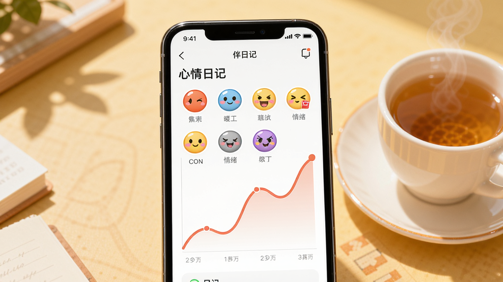 画面主体为手机屏幕上的伴暖APP心情日记界面,屏幕内显示不同颜色的心情表情图标和一条向上波动的情绪曲线。布局为手机竖屏居中展示,背景是淡黄色的书桌,旁边有一杯热茶。排版清晰,界面元素排列有序。风格为写实与插画结合,细节上突出表情符号的可爱感,画质干净明亮,无多余元素。