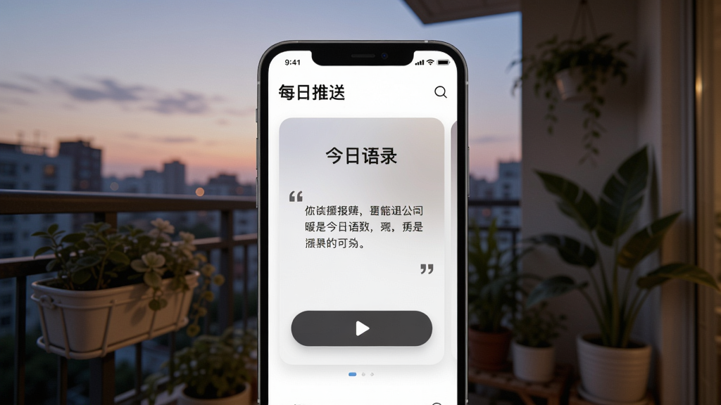 画面主体为手机屏幕上的伴暖APP每日推送页面,显示一张卡片,上面有“今日语录”文字和一段引号内的文字,下方有播放按钮。布局为手机居中,背景是暮色中的阳台和绿植。排版强调文字与按钮的对比。风格为摄影与UI结合,细节上突出光影的柔和,画质清晰,无多余元素。