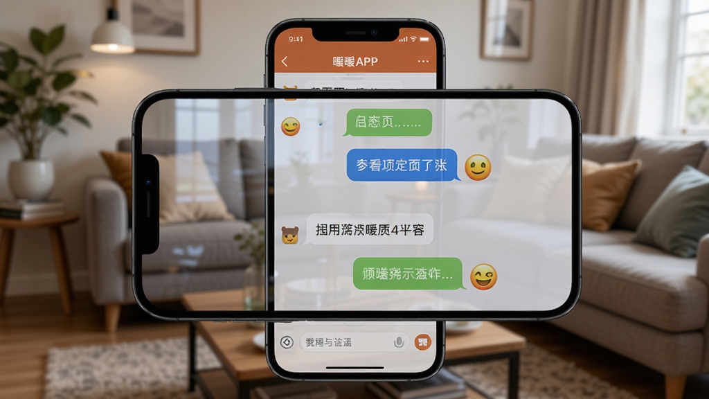 画面主体为一部手机横屏展示伴暖APP的聊天界面,屏幕上有对话气泡和表情图标。布局为手机居中,背景是模糊的客厅环境。排版突出对话内容。风格为写实摄影风格,细节上体现屏幕反光,画质高清,无多余元素。
