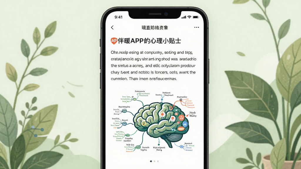 画面主体为伴暖APP的心理小贴士文章页面,屏幕中显示一段文字和一张插画,插画为大脑形状的思维导图。布局为手机居中,背景是淡绿色的植物。排版以文字为主,插画为辅。风格为教育插画风,细节上突出专业感,画质清爽,无多余元素。
