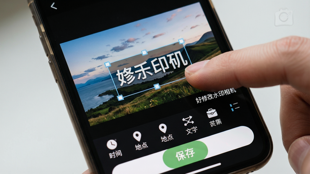主体:手机屏幕特写,展示好修改水印相机编辑水印的界面,手指点击水印文字;布局:屏幕中央显示一张风景照片,照片下方有编辑工具栏;排版:工具栏图标排列整齐,包含时间、地点、文字等选项;风格:真实摄影风格,界面柔和;细节:照片上的水印文字被选中,周围有编辑框,屏幕底部有“保存”按钮;画质:高清细节丰富,干净,无多余元素,软件名称“好修改水印相机”以水印形式出现在照片角落。