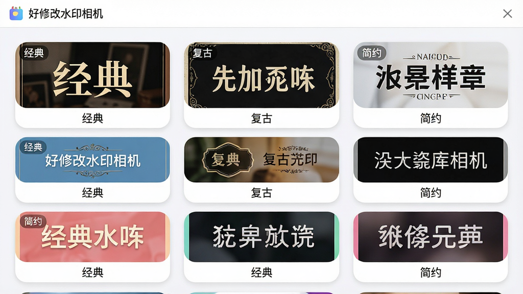 主体:好修改水印相机的水印样式库界面,展示多种水印模板缩略图;布局:网格状排列,每个模板以卡片形式展示,下方标注名称;排版:整齐有序,卡片圆角设计,色彩丰富;风格:清新时尚,背景浅白;细节:每个水印样式都有不同字体和排版,有“经典”、“复古”、“简约”等分类标签;画质:高清渲染,干净,无多余元素,软件名称“好修改水印相机”出现在页面顶部导航栏。