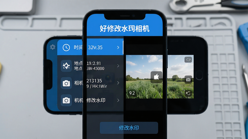 主体:好修改水印相机软件界面展示,手机屏幕显示水印编辑功能,背景为浅灰色工作台;布局:手机居中,界面元素清晰,左侧功能列表,右侧预览区;排版:简洁明快,图标化设计,文字标签醒目;风格:现代扁平化,色彩清新,以蓝色为主色调;细节:屏幕中展示时间、地点、相机参数等水印编辑选项,有“修改水印”按钮;画质:高清渲染,干净,无多余元素,软件名称“好修改水印相机”以文字形式出现在屏幕顶部。