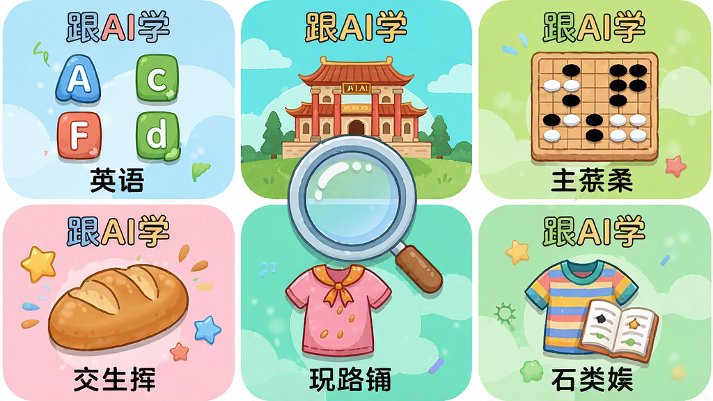 主体:一张展示“跟AI学”应用内容分类的九宫格图标墙,每个图标代表一个学科领域,如英语字母、历史建筑、围棋棋子、面包、衣服等。布局:九宫格均匀分布,中心位置有一个放大镜图标。排版:图标下方配有中文标签。风格:清新插画风,色彩鲜艳。细节:图标上方有“跟AI学”字样,整体感觉知识丰富且有趣。画质:高清,干净,无多余元素。