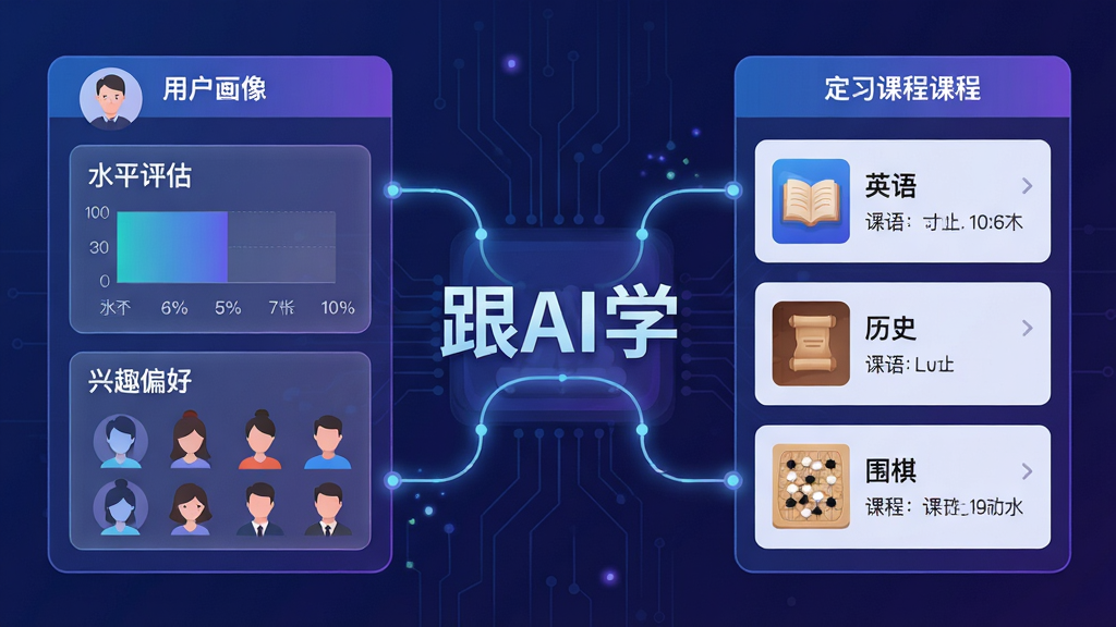 主体:一幅展示“跟AI学”应用智能规划功能的插图,左侧是用户画像数据图表,右侧是定制化的学习课程列表。布局:左右对称,图表与列表通过一条发光的连线连接。排版:信息层级分明,图表清晰。风格:现代科技风,蓝紫色调。细节:图片中央有“跟AI学”字样,图表显示“水平评估”和“兴趣偏好”,课程列表涵盖“英语”“历史”“围棋”。画质:高分辨率,干净,无多余元素。