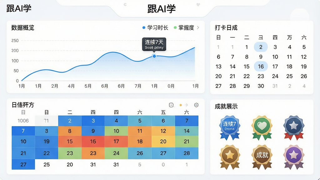 主体:展示“跟AI学”应用的学习统计界面,包含折线图、打卡日历和成就徽章墙。布局:从上到下依次为数据概览、日历热力图、徽章展示。排版:信息密度高但条理清晰。风格:商务科技风,白色背景配蓝色图表。细节:顶部有“跟AI学”字样,图表显示“学习时长”“掌握度”,徽章有“连续7天”等标识。画质:高清,干净,无多余元素。