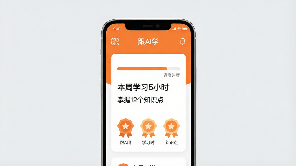 主体:手机屏幕显示“跟AI学”应用的学习报告页面,包含进度条和成就徽章。布局:手机居中,背景为浅灰色。排版:报告以卡片形式呈现,清晰易读。风格:扁平化,橙色点缀。细节:屏幕上有“跟AI学”字样,报告显示“本周学习5小时”“掌握12个知识点”。画质:高清,干净,无多余元素。