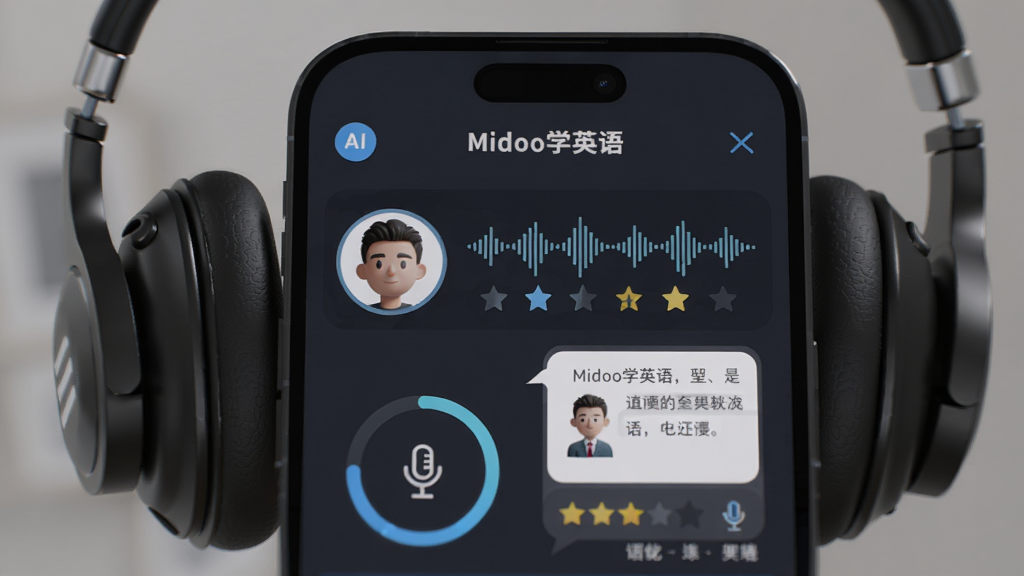 主体为耳机与手机特写,手机屏幕展示“Midoo学英语”的AI对话界面,显示波浪形声波和评分星星。布局采用左右分割构图,左侧是用户头像,右侧是AI老师的文字回复与发音打分。风格为写实3D渲染,细节突出麦克风图标和口语练习进度环,背景虚化处理,画质细腻干净,无多余杂物。