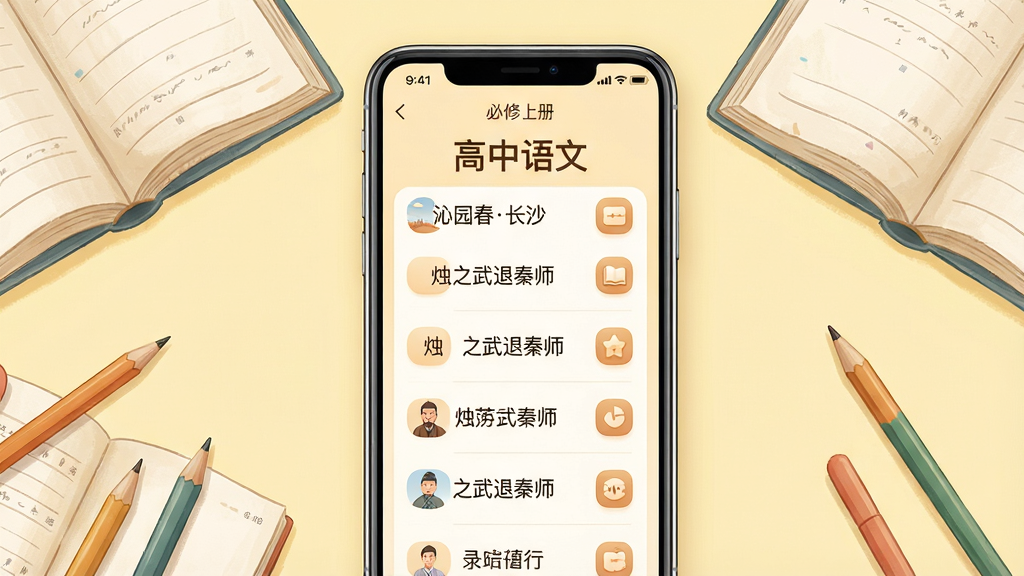 主体:手机屏幕展示高中语文课本同步界面,显示必修上册目录。布局:手机竖屏居中,背景为淡黄色,四周有翻开的书本、铅笔等文具。排版:屏幕上有“高中语文”字样和课文列表,如“沁园春长沙”、“烛之武退秦师”。风格:写实与插画结合,色调温暖。细节:课文名称清晰,界面图标圆润。画质:高清,干净,无多余元素。