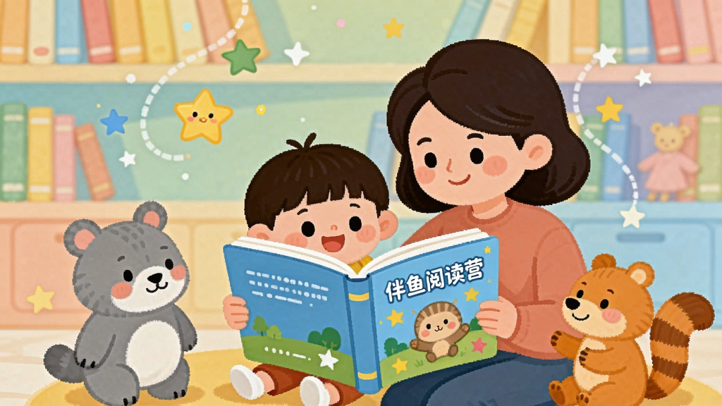 一幅温馨的儿童阅读场景插画,画面中央有一本打开的绘本,周围环绕着可爱的动物角色和星星装饰,主体是一个孩子和父母一起阅读,背景是柔和的渐变色书架,排版简洁明快,风格卡通可爱,细节丰富,画质清晰干净,无多余元素,绘本上写着“伴鱼阅读营”