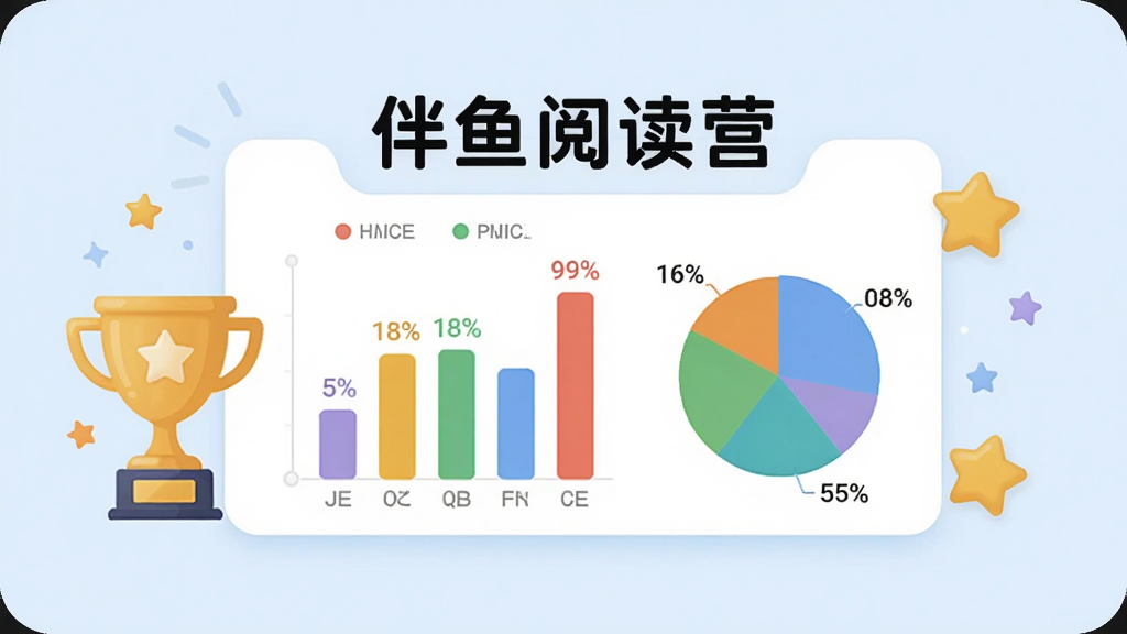 伴鱼阅读营学习报告界面插画,主体是一张彩色数据图表,包括柱状图和饼图,旁边有奖杯和星星图标,背景是淡蓝色,布局居中,排版整齐,风格简洁现代,细节包括数字百分比,画质干净,无多余元素,图表顶部写着“伴鱼阅读营”
