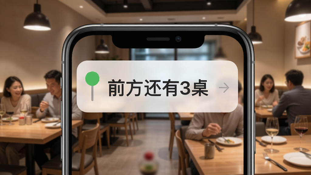 美味不用等排队提醒功能示意图,手机通知栏显示“前方还有3桌”的提醒信息,背景为餐厅就餐场景,构图干净,提示信息醒目,画质高清,无杂乱元素