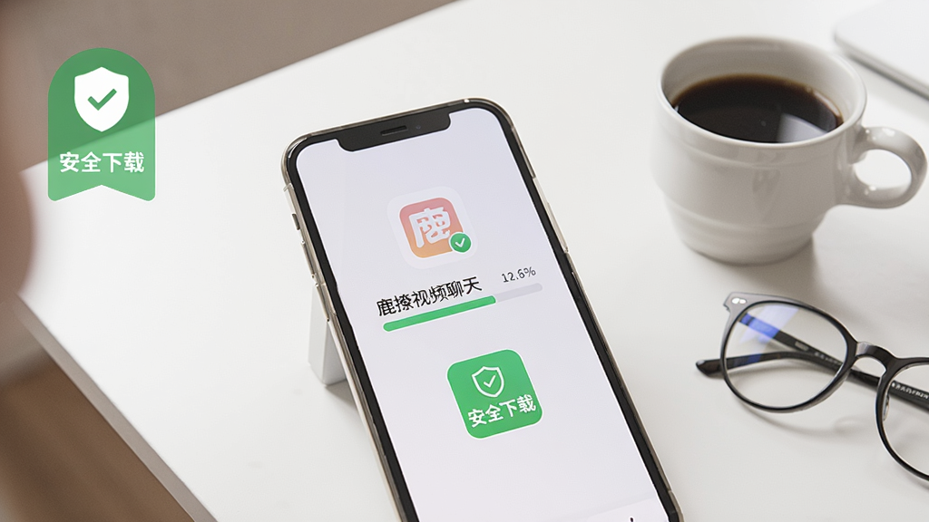 一张展示手机下载安装应用过程的图片,手机屏幕显示“鹿撩视频聊天”的安装进度条,背景是简洁的桌面,有“安全下载”的绿色标识,旁边有一杯咖啡和眼镜,暗示用户在安静舒适的环境中下载使用,画面干净明亮,风格写实,无多余元素。