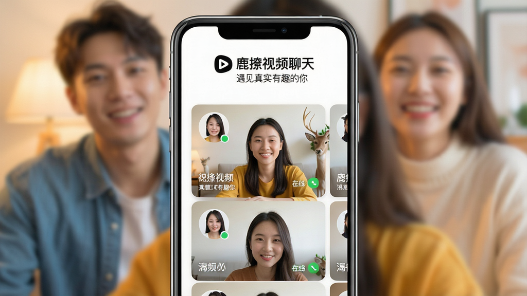 一张展示智能手机屏幕的图片,屏幕正中央是鹿撩视频聊天的主界面,界面风格清新简约,顶部有“鹿撩视频聊天”的Logo和标语“遇见真实有趣的你”,下方是几个正在进行视频通话的用户卡片,卡片上显示着用户的头像、昵称和在线状态,背景是模糊处理的动态视频画面,整体色调明亮温暖,画质清晰干净,无多余元素。