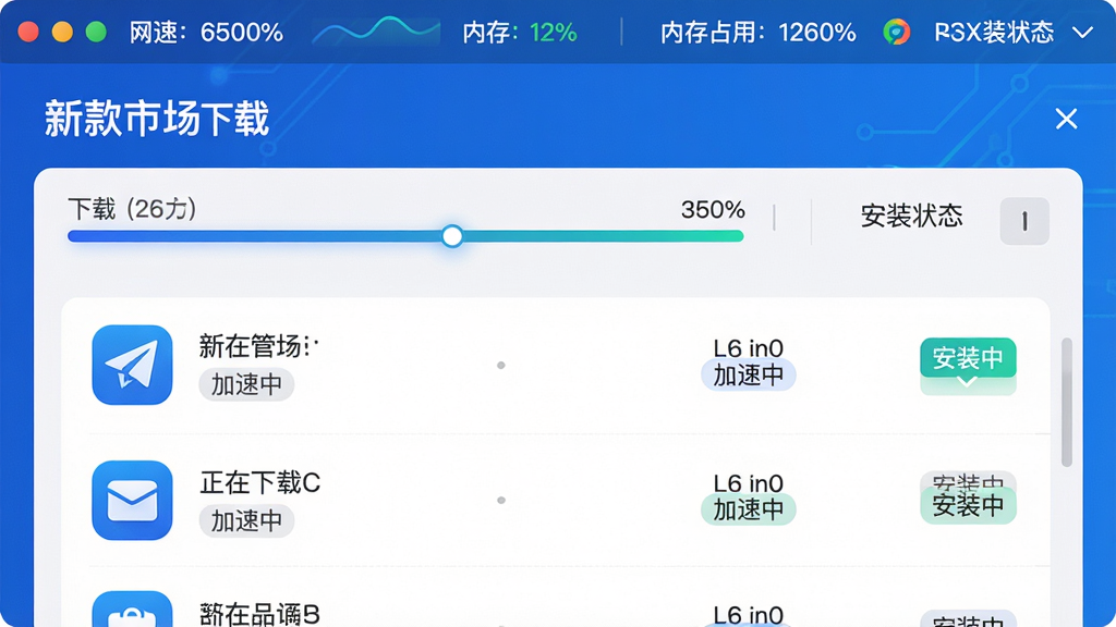 主体:新款市场下载管理界面,显示下载进度条和安装状态;布局:列表展示正在下载的应用,顶部有网速和内存占用信息;排版:简洁的进度条和百分比数字,状态标签清晰;风格:科技感,蓝色主调;细节:应用图标旁有“加速中”和“安装中”标识,体现“新款市场”高效功能;画质:高清,干净,无多余元素