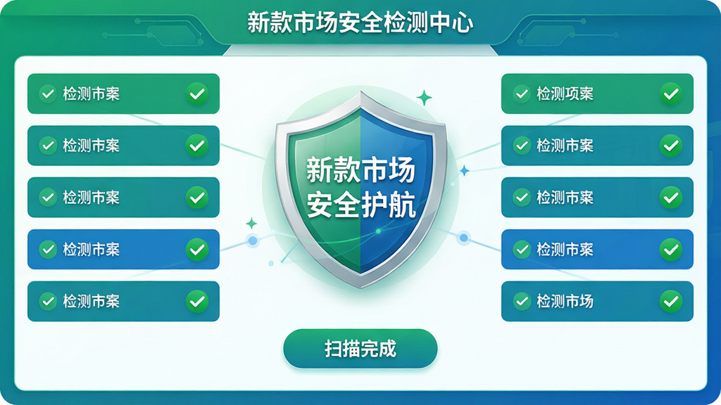 主体:新款市场安全检测中心界面,显示应用扫描结果;布局:中央为盾牌图标,周围列出检测项目;排版:项目以列表形式排列,每项带绿色对勾;风格:安全可靠,绿色和蓝色搭配;细节:盾牌上写有“新款市场 安全护航”,底部有“扫描完成”按钮;画质:高清,干净,无多余元素