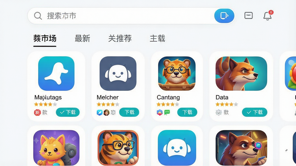 主体:新款市场应用商店主界面,展示最新应用和游戏推荐;布局:上方为搜索栏,下方为分类导航和精品应用列表;排版:卡片式布局,图标圆润,色彩鲜明;风格:现代扁平化设计,背景干净明亮;细节:每个应用卡片显示图标、名称、评分和下载按钮,突出“新款市场”品牌标识;画质:高清,干净,无多余元素